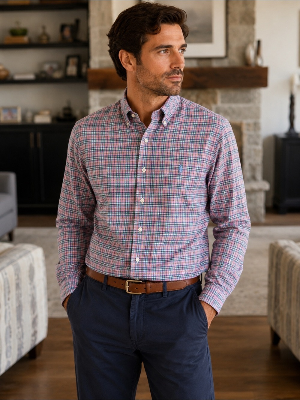 Ralph Lauren Performance Fit Men’s Dress Shirt Pink Button Plaid long sleeve xl